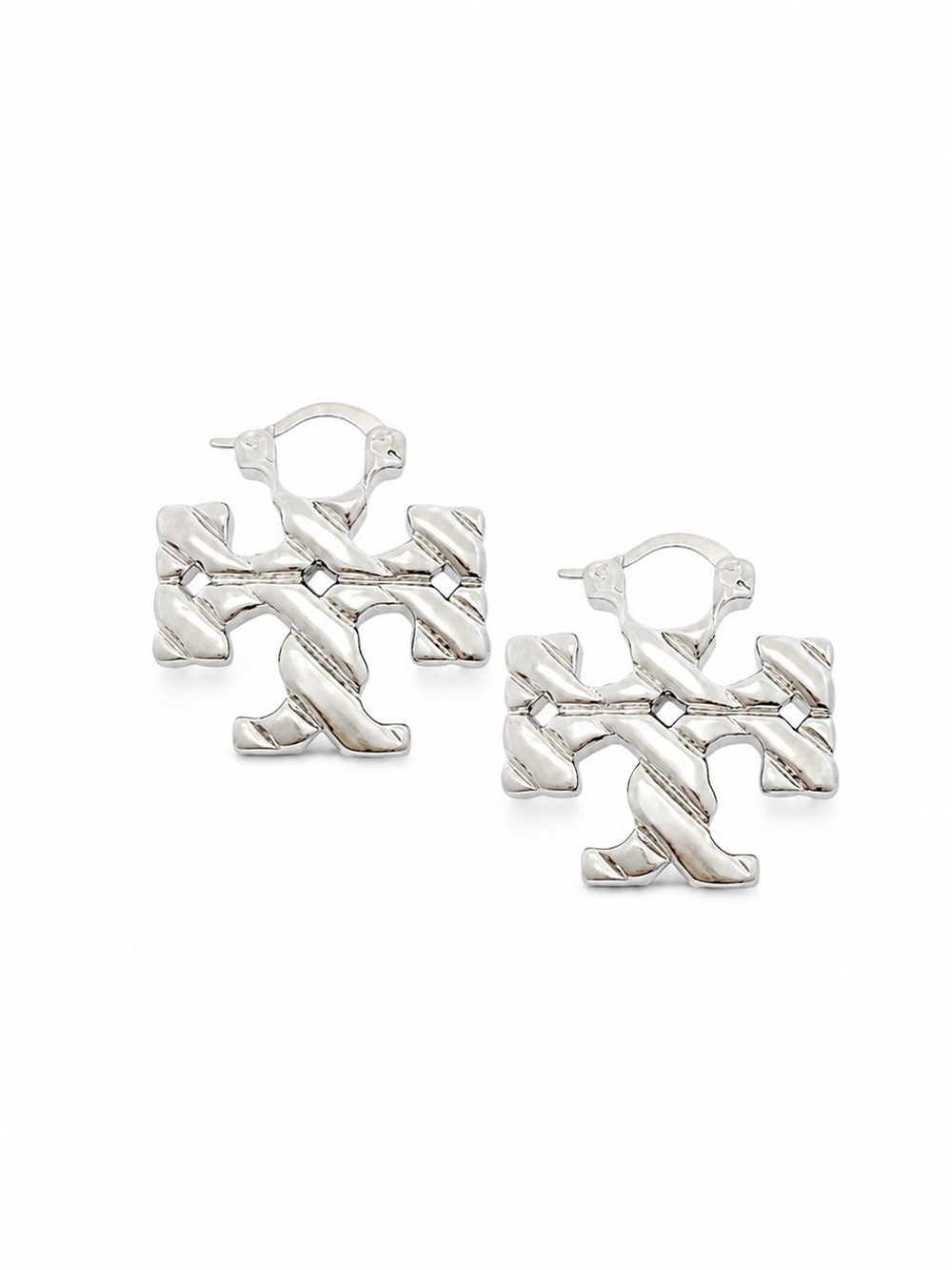 Tory Burch Textured Rope T Logo Earrings Silver Tone Earrings